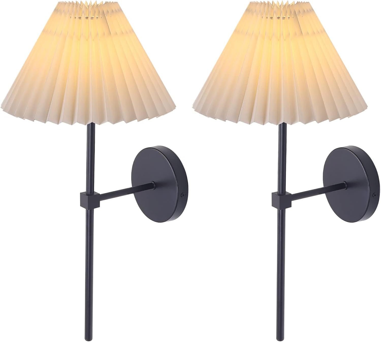 Wall Sconces Sets of 2, White Pleated Fabric lampshade Matte Black Wall Lamp, Column Bracket Wall Lighting, Bathroom Dresser Hardwired lamp Fixture, Applicable to Living Room, Bedroom and Dining Room