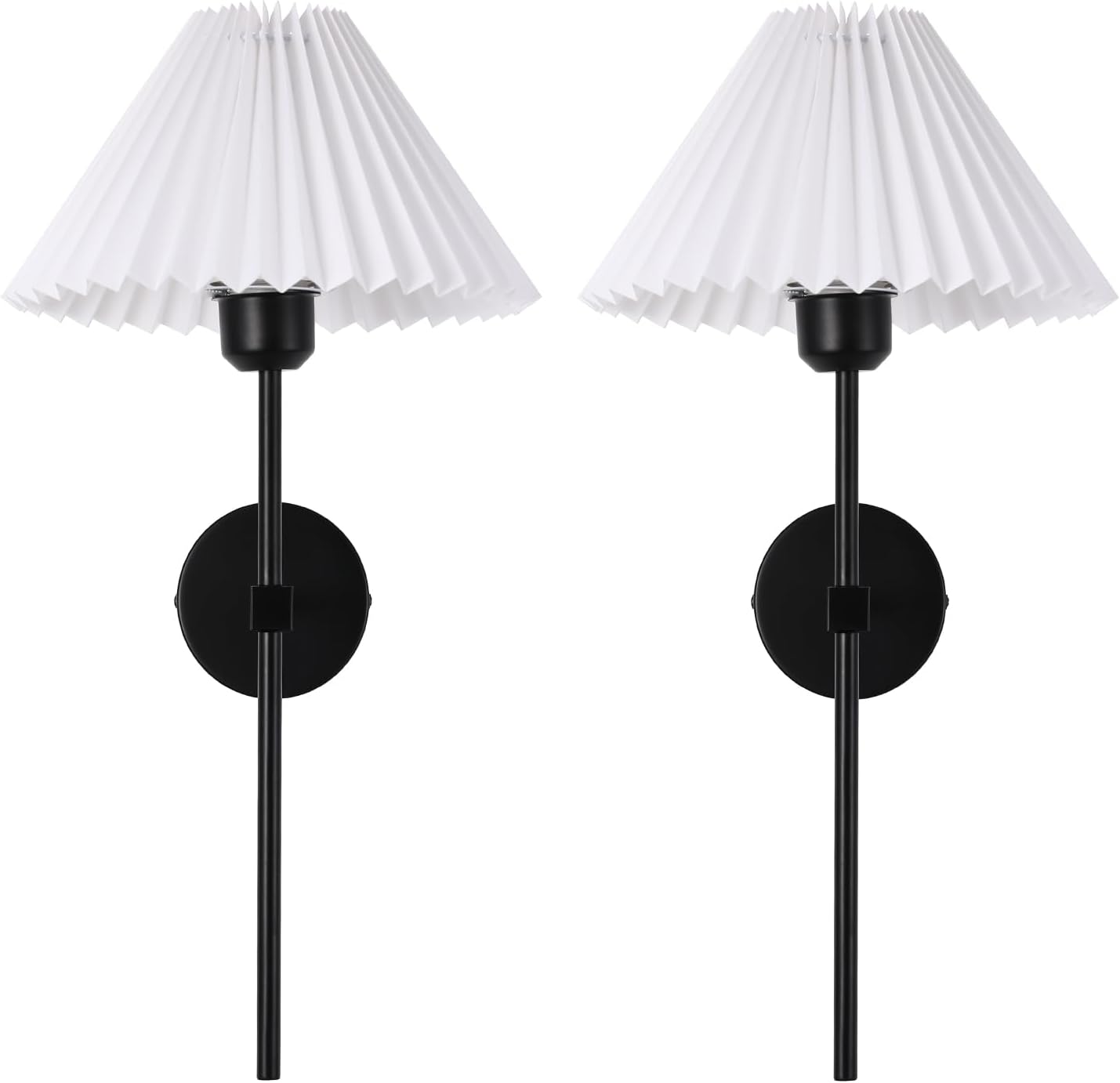 Wall Sconces Sets of 2, White Pleated Fabric lampshade Matte Black Wall Lamp, Column Bracket Wall Lighting, Bathroom Dresser Hardwired lamp Fixture, Applicable to Living Room, Bedroom and Dining Room
