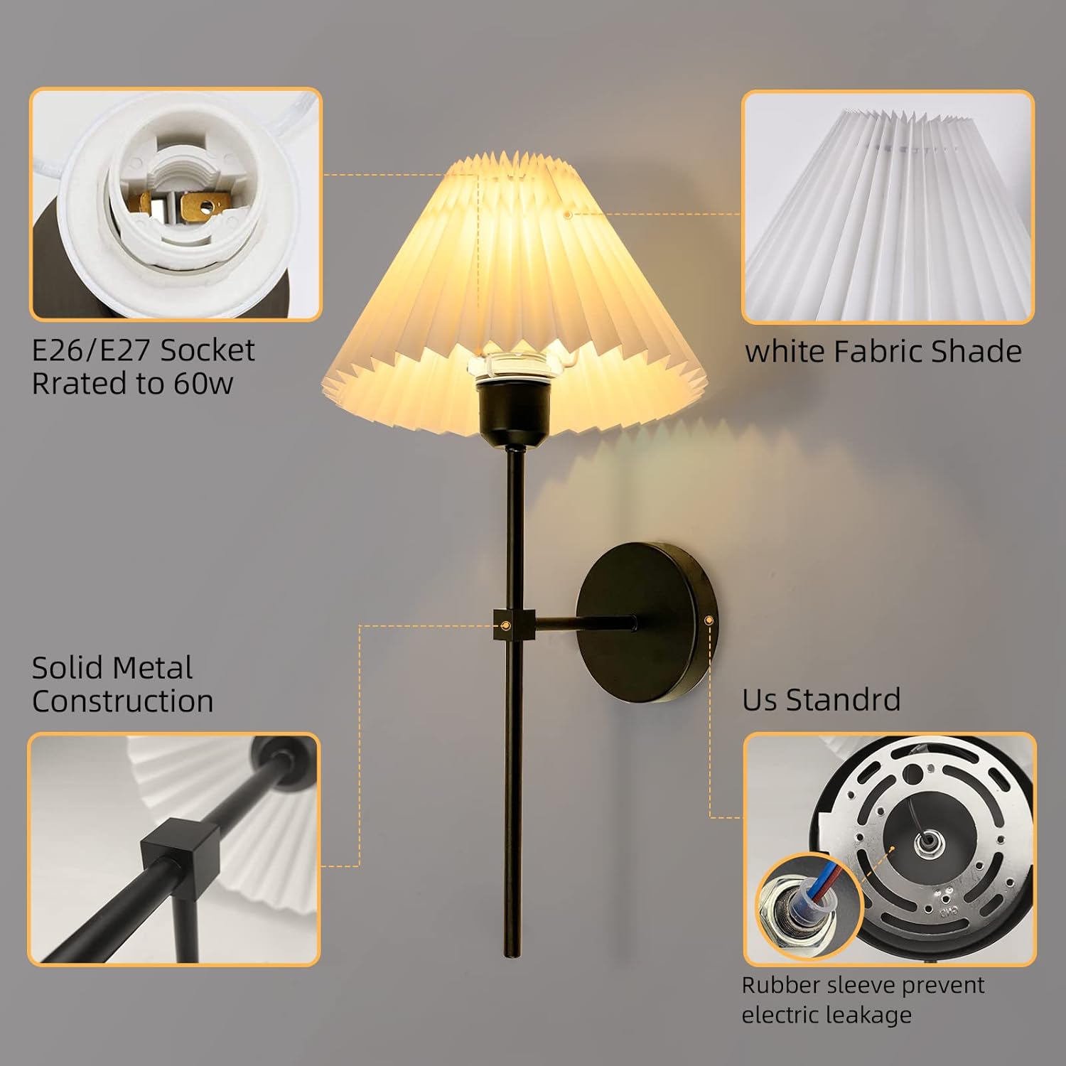Wall Sconces Sets of 2, White Pleated Fabric lampshade Matte Black Wall Lamp, Column Bracket Wall Lighting, Bathroom Dresser Hardwired lamp Fixture, Applicable to Living Room, Bedroom and Dining Room