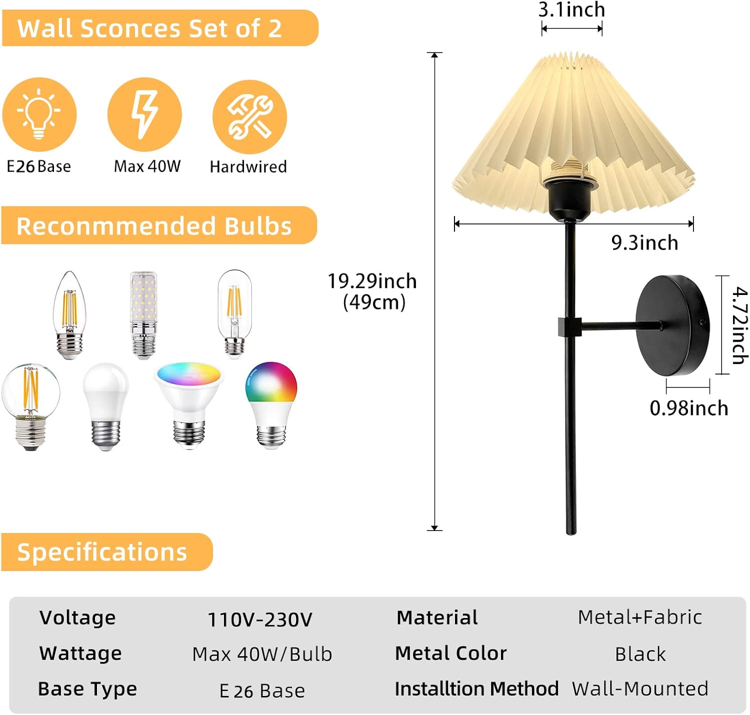 Wall Sconces Sets of 2, White Pleated Fabric lampshade Matte Black Wall Lamp, Column Bracket Wall Lighting, Bathroom Dresser Hardwired lamp Fixture, Applicable to Living Room, Bedroom and Dining Room