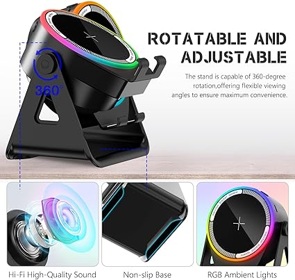 Powerful 5 In 1 Bluetooth Wireless Speaker Phone Holder RGB Portable Surround Sound Bass Subwoofer Boombox Magnetic Tablet Brack